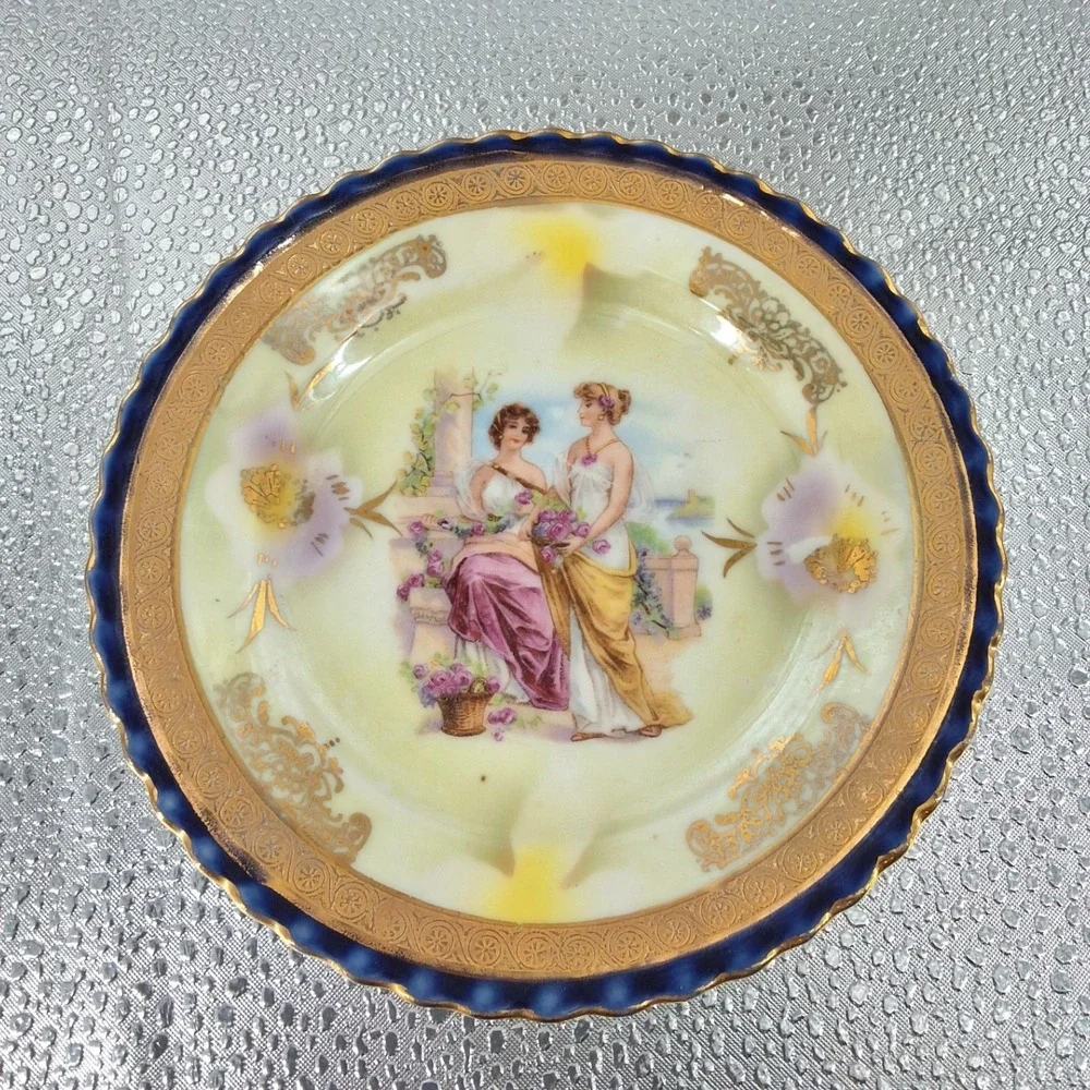 8pc Antique German Porcelain Dessert Set Cobalt Blue Gold Fragonard‎ Cake Plates